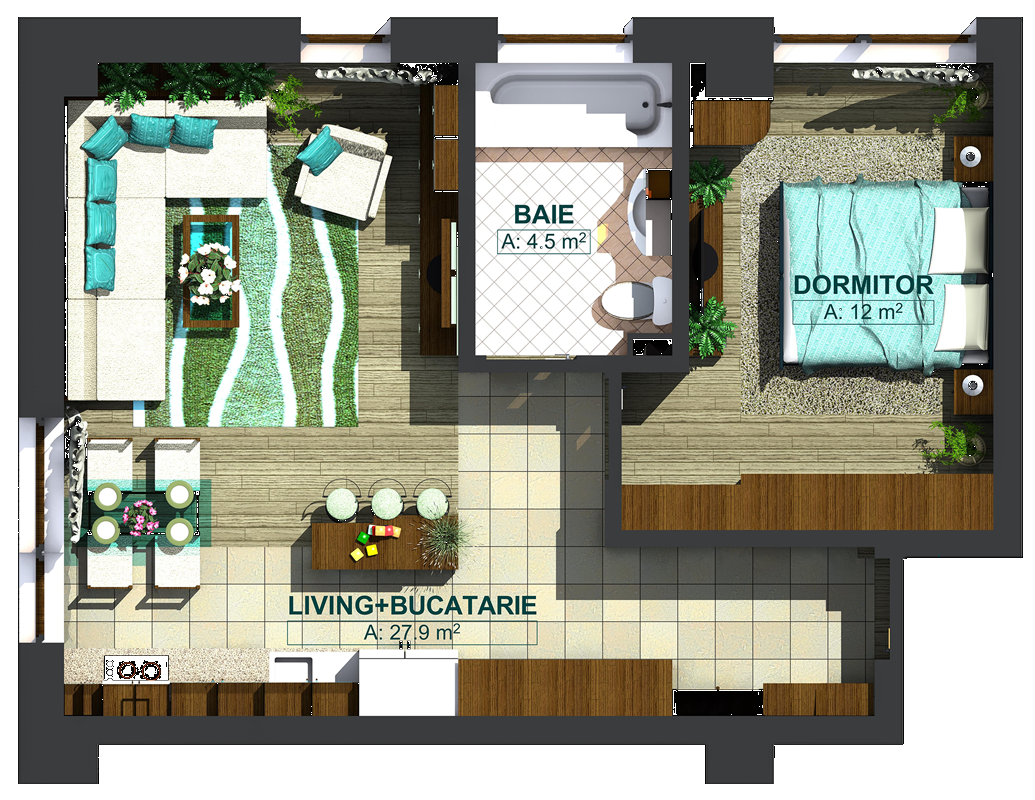 Apartamente cu 2 camere tip 1B, model 3d