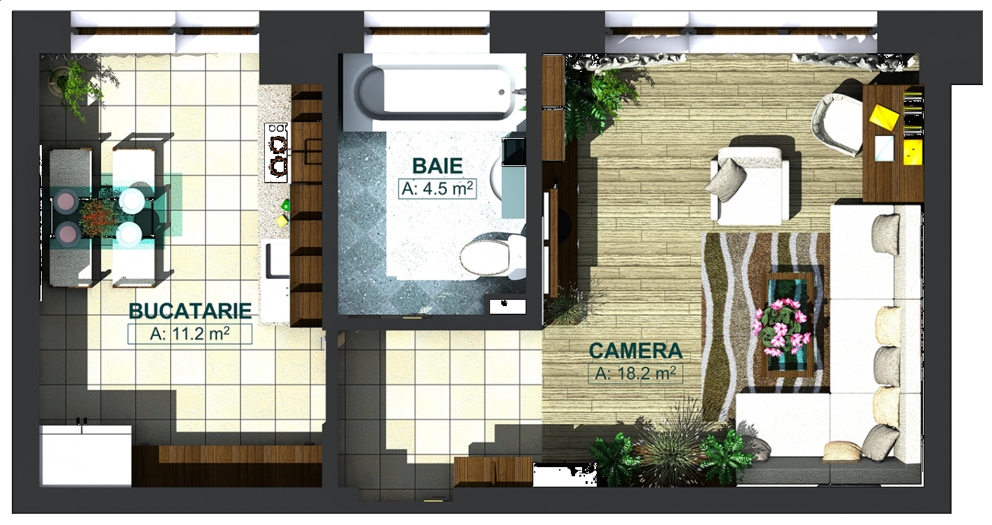 Apartamente cu o cameră tip 1C, model 3d