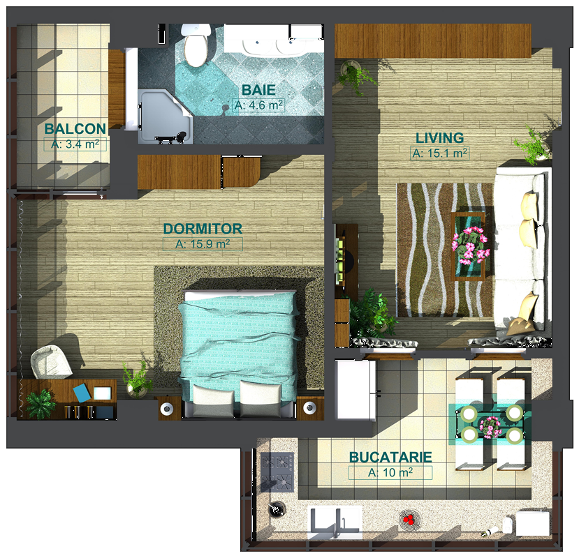 Apartamente cu 2 camere tip 2A, model 3d