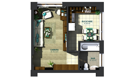 Apartamente cu o cameră tip 1D, model 3d